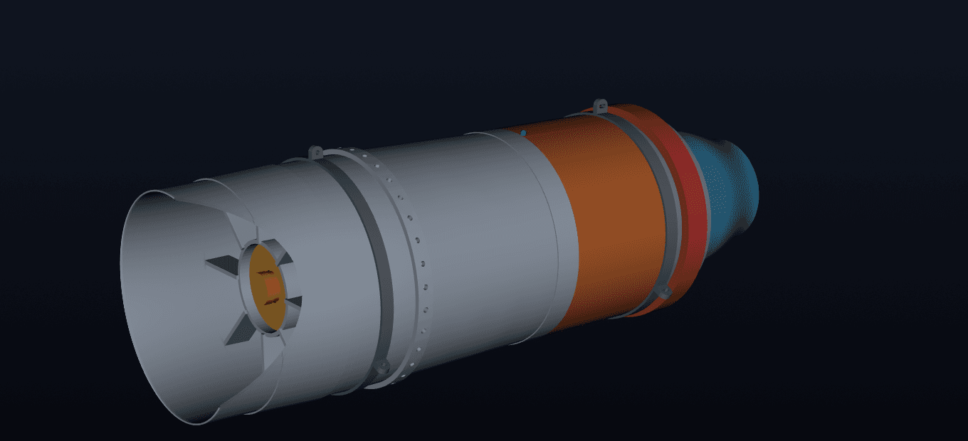 Orion GT1 single-spool turbojet core, fully assembled with compressor, combustor, turbine and nozzle