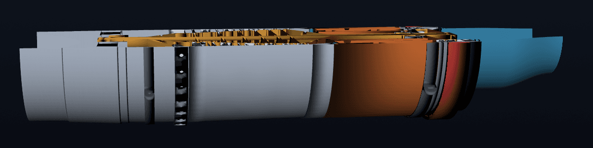 Orion GT1 turbojet core, sectioned view showing compressor, combustor and turbine stages