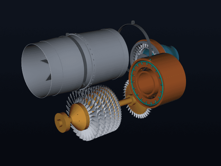 Orion GT1 turbojet core exploded into compressor, combustor, turbine and nozzle assemblies