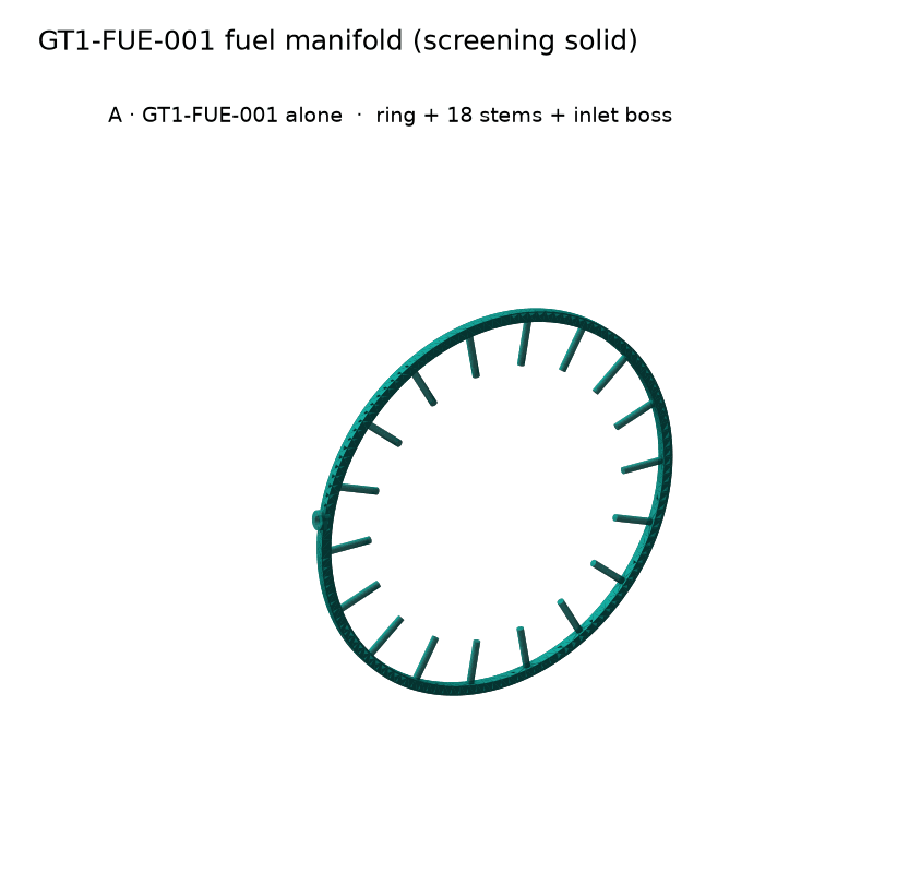 GT1-FUE-001 fuel manifold screening solid: ring, eighteen injector stems and the single inlet boss; isometric view